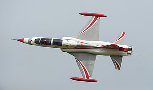 red and gray jet plane on flight
