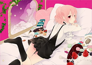 female anime character lying on bed illustration