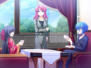 pink and blue haired anime girls taking coffee inside house
