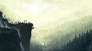Torri gate on cliff graphic wallpaper, animation, artwork, fantasy art, waterfall