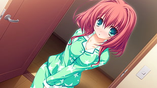 pink hair female anime girl in green pajamas illustration