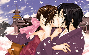 brown-haired woman and black-haired man anime character kissing