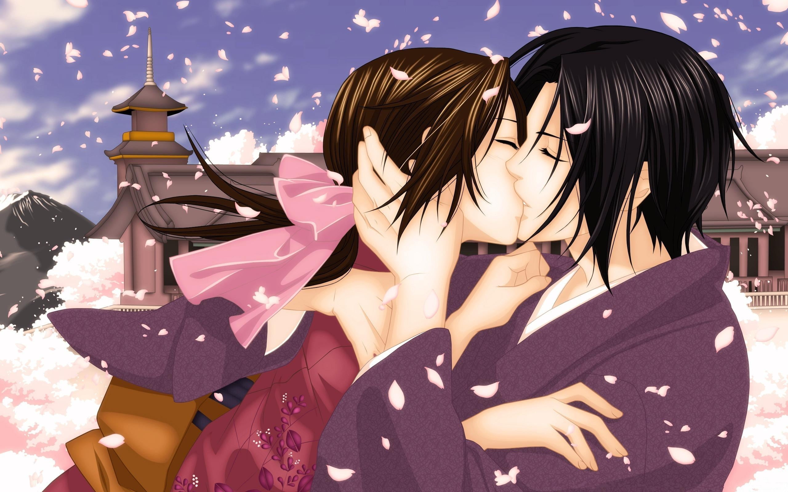 brown-haired woman and black-haired man anime character kissing