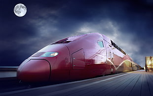 red concept train, vehicle, train, railway, Moon HD wallpaper