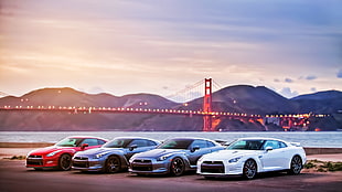 four assorted-color coupes photo, car, Nissan Skyline GT-R R35, San Francisco, Golden Gate Bridge