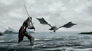 person holding sword fighting dragon, The Elder Scrolls V: Skyrim, video games, warrior, sword