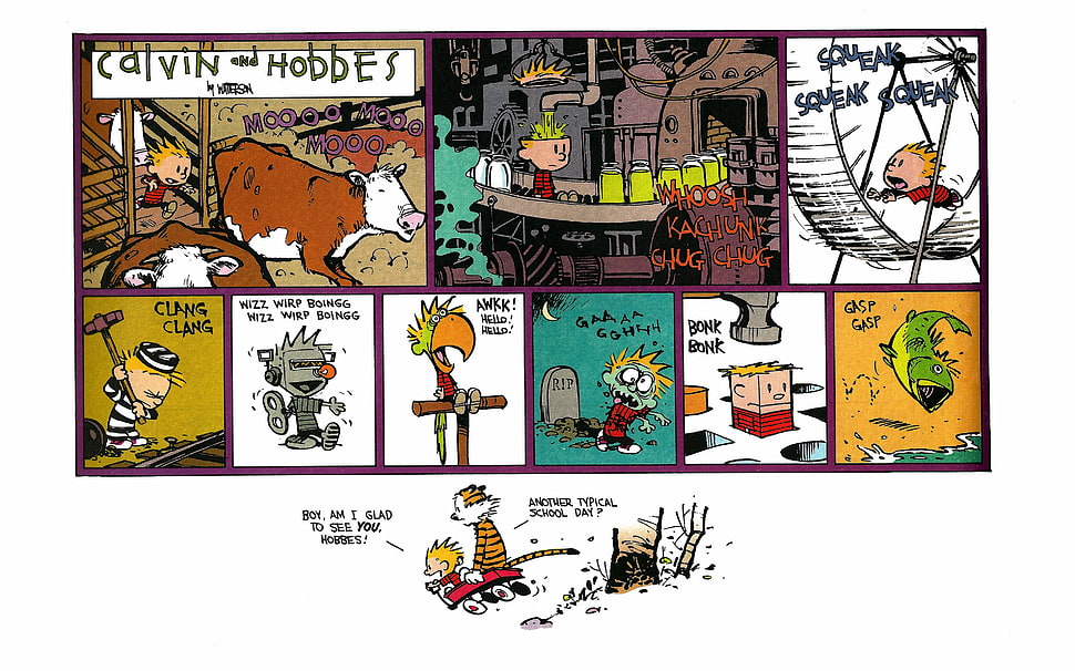 Calvin and Hobbes comic strip, Calvin and Hobbes, comics, simple background HD wallpaper