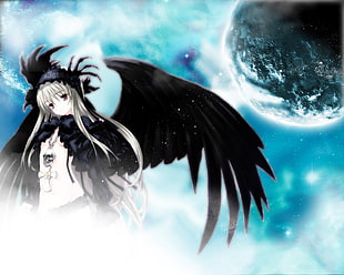 gray haired anime girl angel with black wings under the moon HD wallpaper