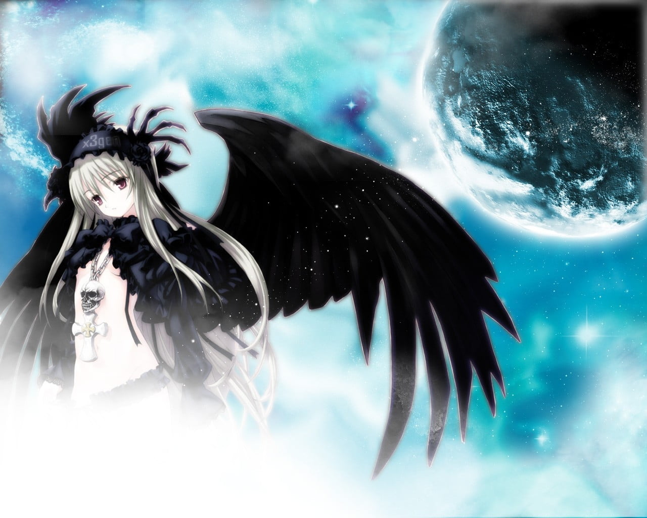 gray haired anime girl angel with black wings under the moon