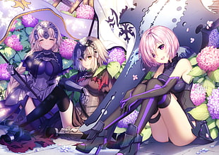 three female anime characters digital wallpaper, Ruler (Fate/Apocrypha), Jeanne (Alter) (Fate/Grand Order), Shielder (Fate/Grand Order), thigh-highs