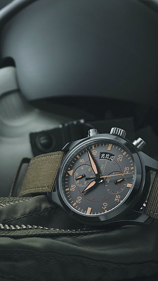 black chronograph watch, watch, IWC, portrait display