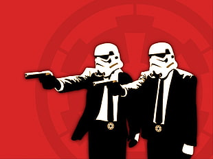 two man in black formal suit outfit wearing stormtroopers helmet holding pistol illustration