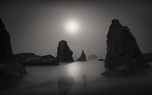 grayscale islets surrounded by fog wallpaper, landscape