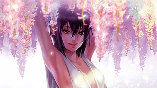 woman in white top anime character, anime girls, original characters, flowers