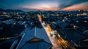 blue and black patio umbrella, sky, sunset, rooftops, South Korea HD wallpaper
