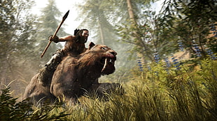 man riding on animal on grass field wallpaper, far cry primal, video games