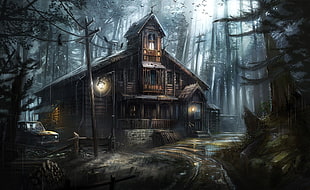 brown house painting, artwork, house, forest, spooky