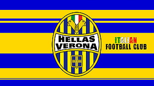 blue and yellow flag with text overlay, soccer, sports, soccer clubs, Hellas Verona HD wallpaper