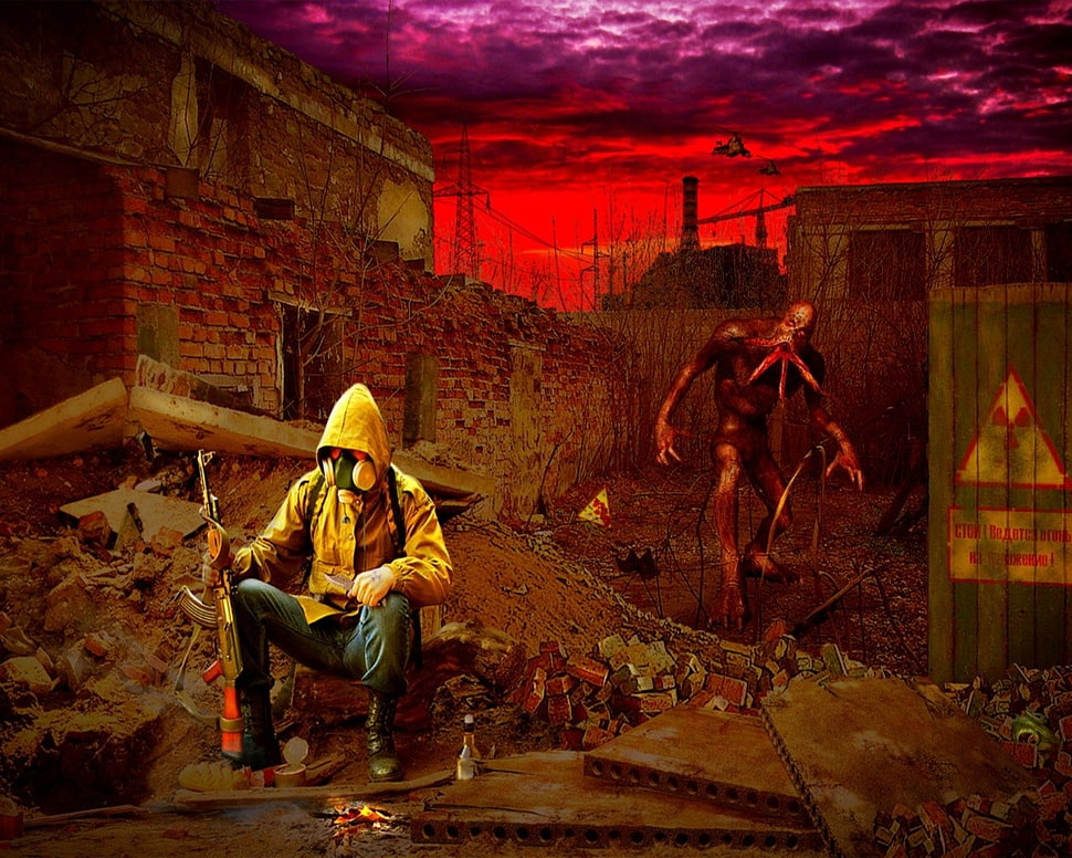man sitting on stone holding rifle beside monster digital wallpaper, video games, S.T.A.L.K.E.R. HD wallpaper