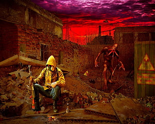 man sitting on stone holding rifle beside monster digital wallpaper, video games, S.T.A.L.K.E.R.