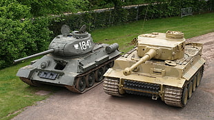 gray and beige battle tanks, tank, Tiger I, T-34-85, military