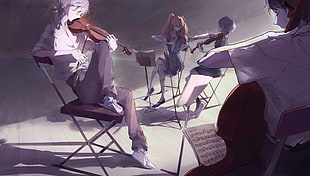gray haired male anime character playing violin illustration, Neon Genesis Evangelion, Asuka Langley Soryu, Ayanami Rei, Ikari Shinji HD wallpaper