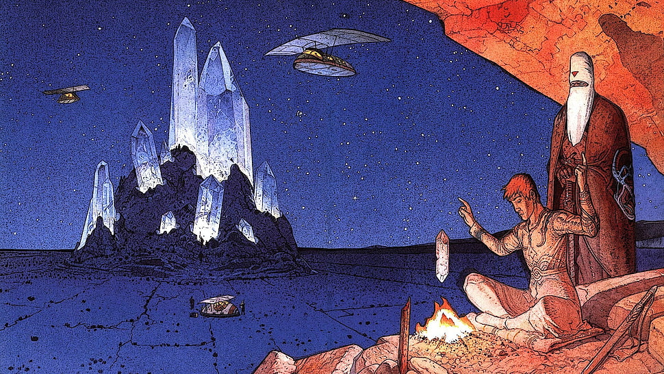illustration of crystals, Mœbius, drawing, artwork HD wallpaper