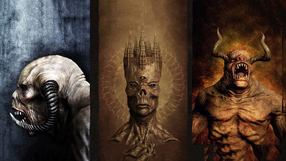 three demon photo collage, digital art, creature, collage, roar HD wallpaper