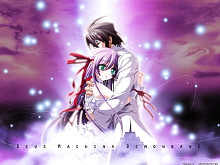 anime girl with purple hair hugging by man in white long-sleeved shirt