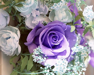 purple rose and white peonies arrangement