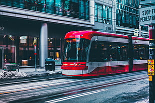 red and white train, Toronto, tram, photography