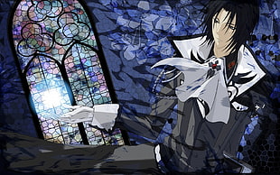 black haired male anime character near stained glass