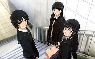 three girls in black school uniforms anime character HD wallpaper