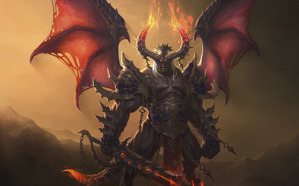 devil warrior holding sword illustration HD wallpaper