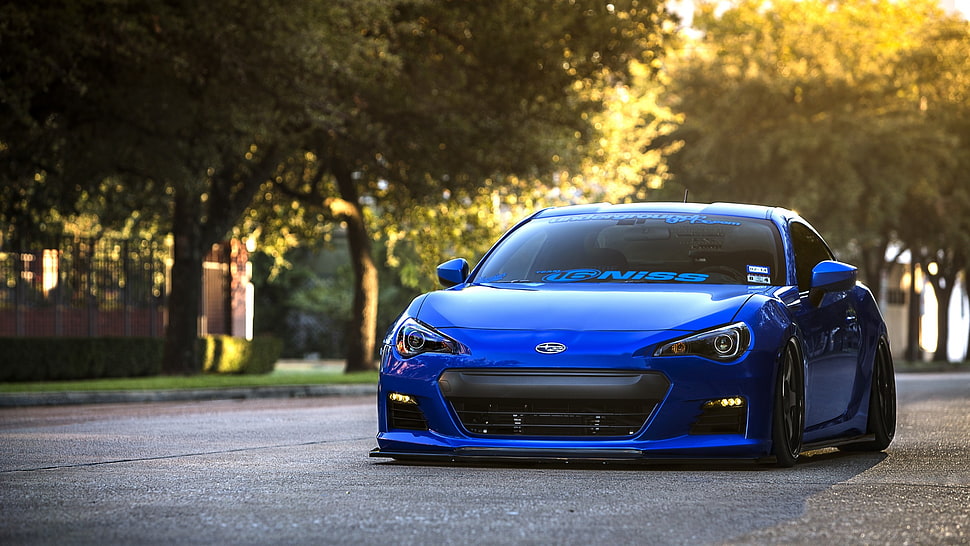 blue Subaru BRZ on road HD wallpaper