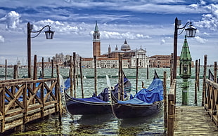 two black boats painting, gondolas, Venice, Grand Canal, Italy