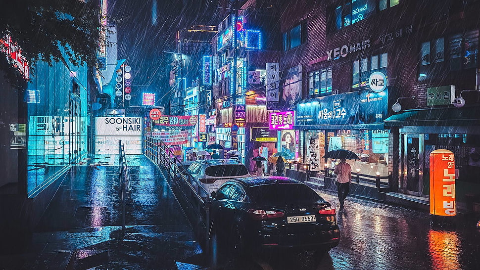 black car, street, neon, rain, reflection HD wallpaper