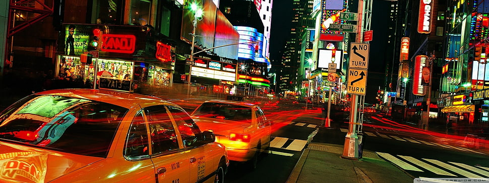 yellow sedan, New York City, Times Square, taxi, city lights HD wallpaper