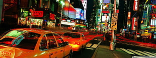 yellow sedan, New York City, Times Square, taxi, city lights