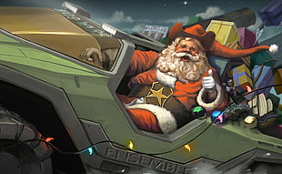 Santa Claus riding car illustration HD wallpaper