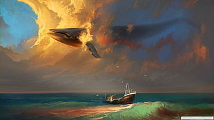 painting of gray ship on body of water and whale on the clouds