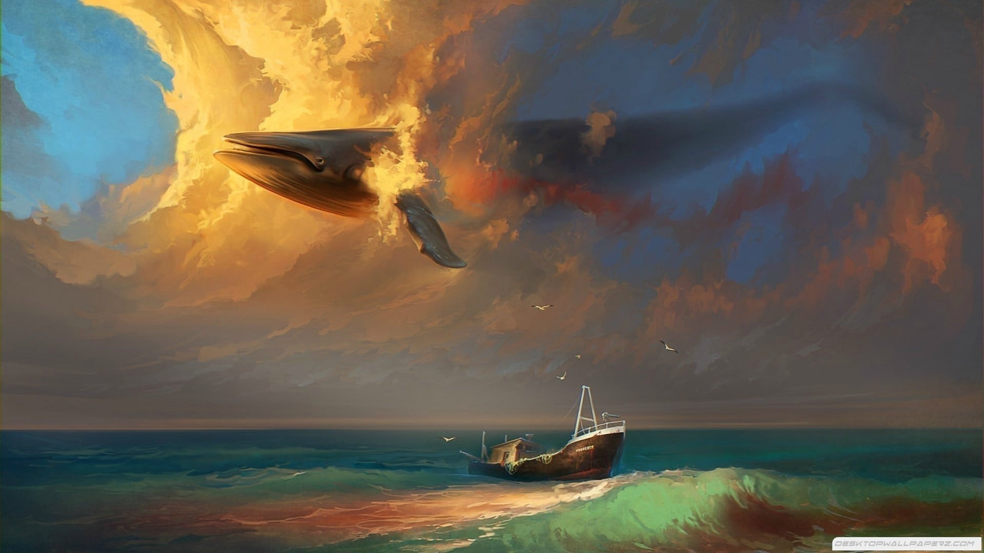 painting of gray ship on body of water and whale on the clouds