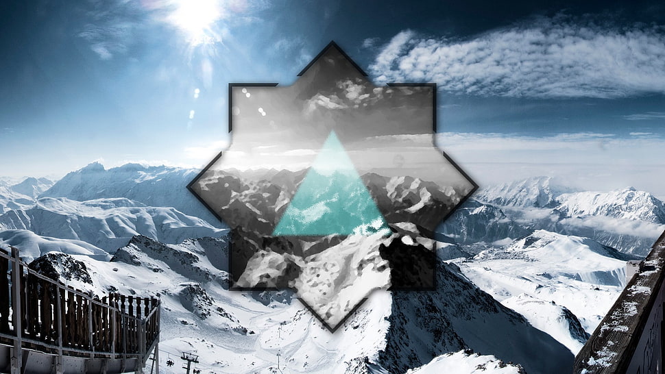 white fence, snow, mountains, polyscape HD wallpaper