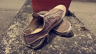 pair of brown low-top sneakers, shoes, filter