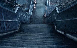 outdoor staircase illustration, anime, stairs, rain, night