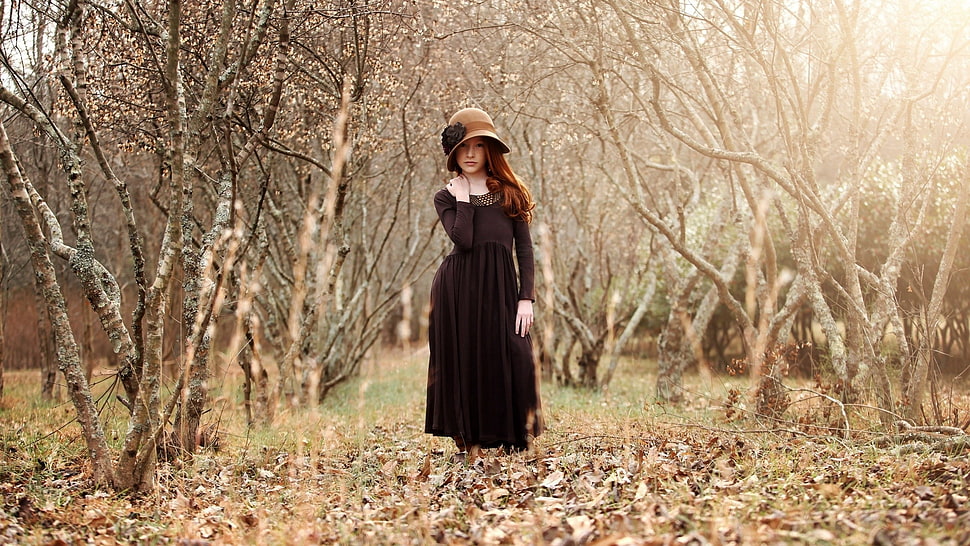 woman in black crew-neck long-sleeve long dress beside brown trees at daytime HD wallpaper