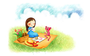 cartoon sketch art of a girl wearing blue dress having a picnic together with a pink bear