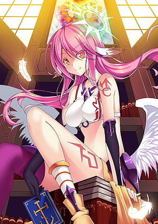 female anime character digital wallpaper, No Game No Life, Jibril, pink hair, wings