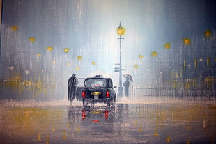 black car in middle of street while raining painting, car, rain, taxi, England