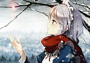 girl haired female anime character catching falling snow